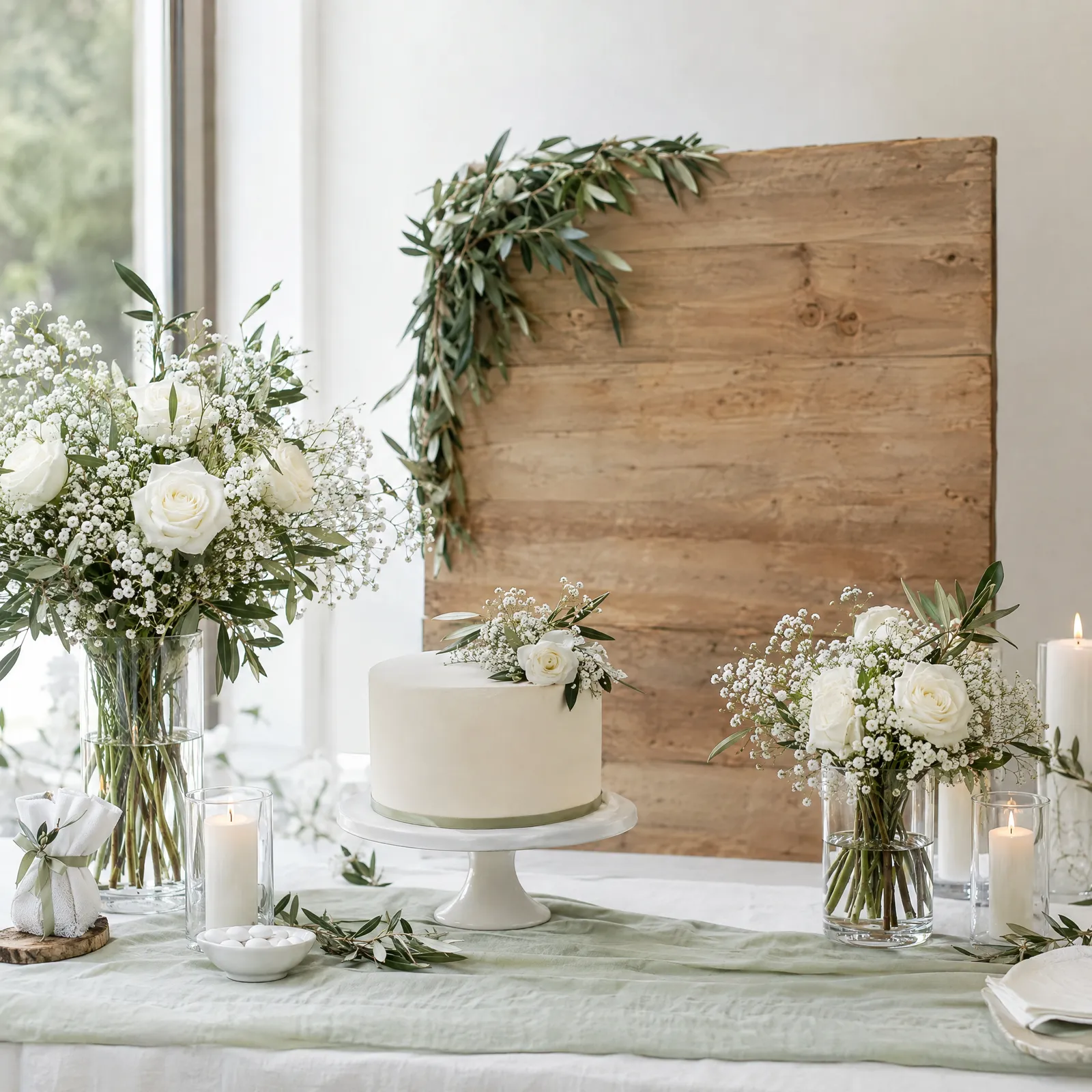 Decoração de batizado em branco e verde com rosas brancas