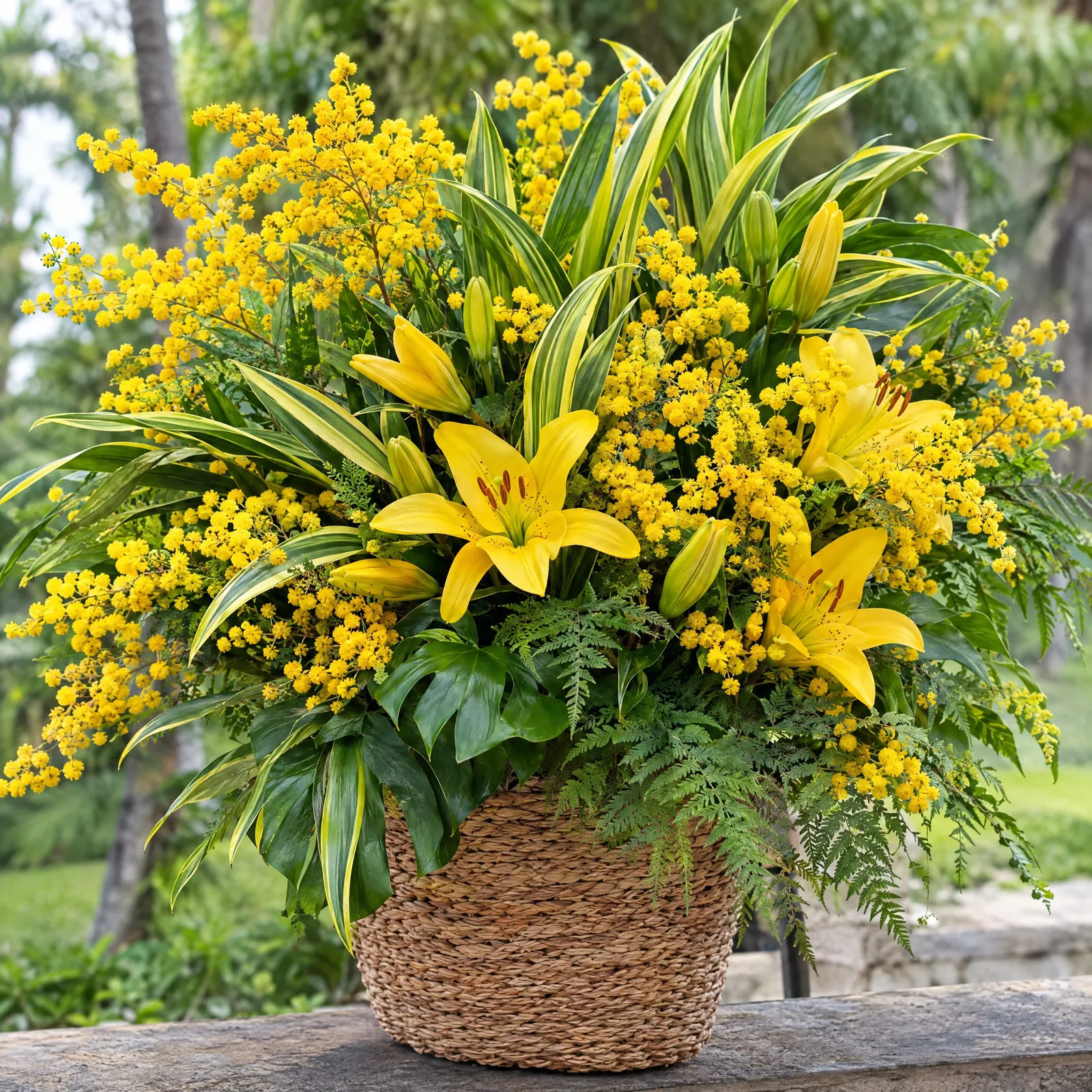 Arranjo brasileiro com mimosa amarela e folhagens