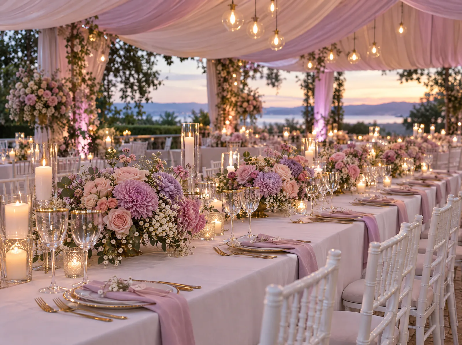 Mesa de recepção de casamento com centros de mesa em rosa e lilás