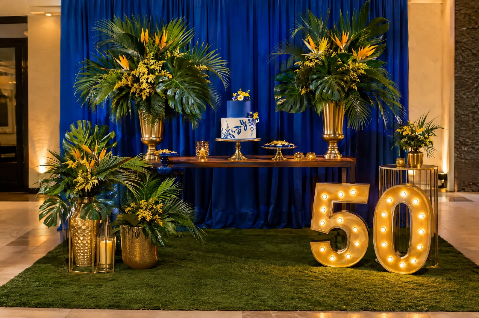Decoração de 50 anos em azul e dourado com folhagens tropicais
