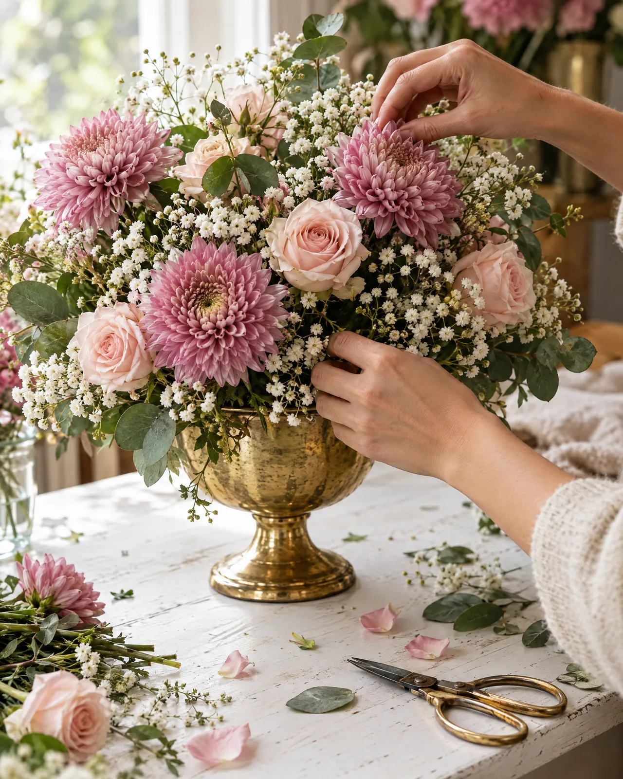 Mãos montando um arranjo de crisântemos rosa em vaso dourado