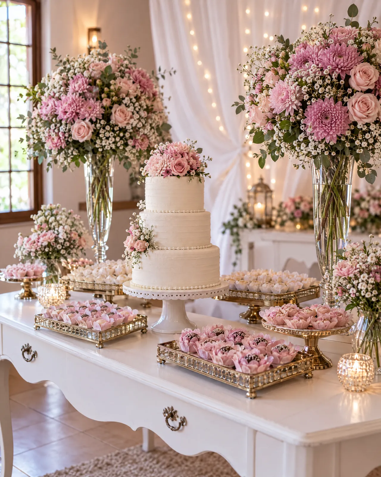 Mesa de bolo branca com arranjos de crisântemos rosa, rosas e mosquitinho
