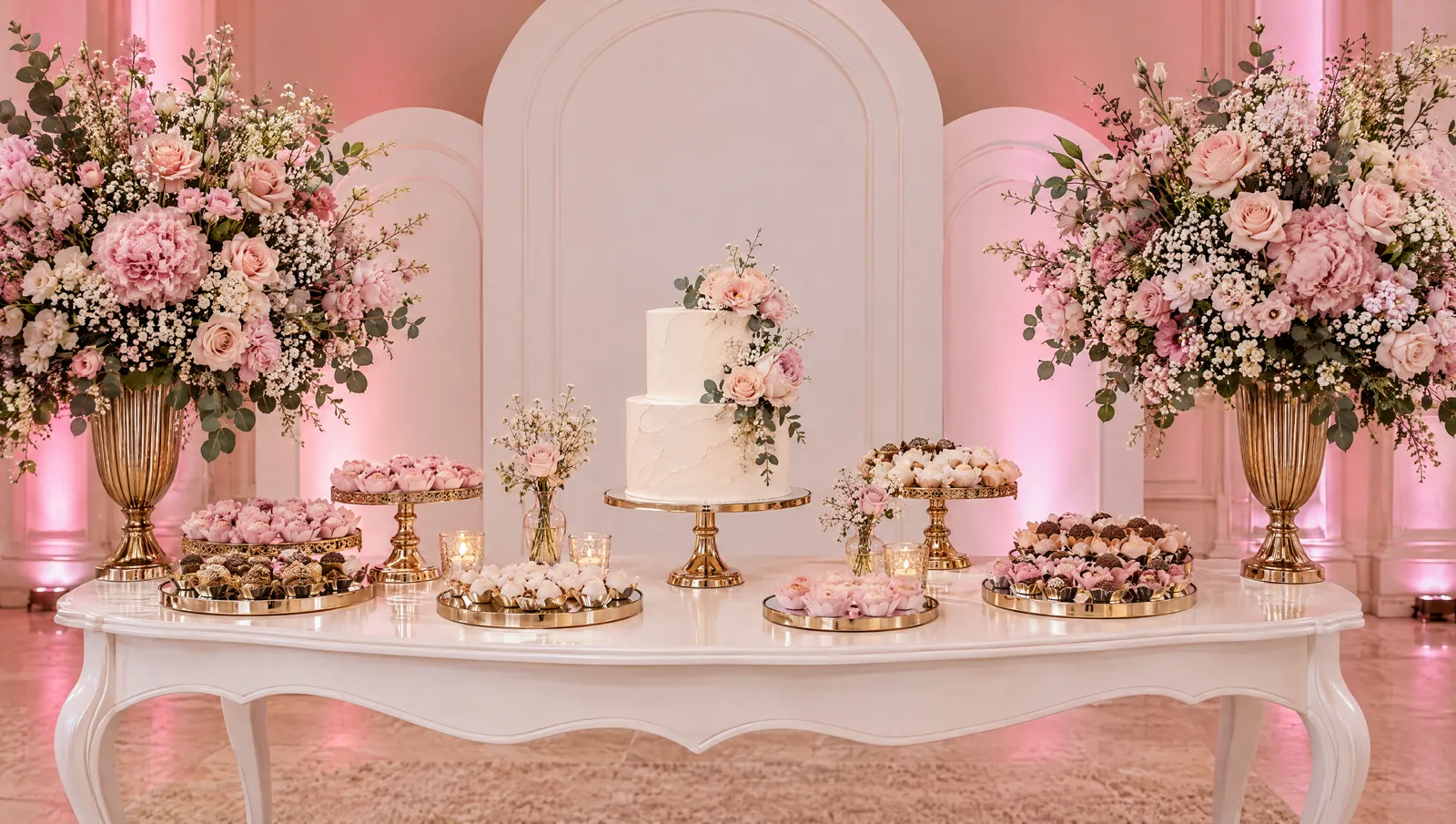 Mesa de bolo romântica com rosas e bandejas douradas