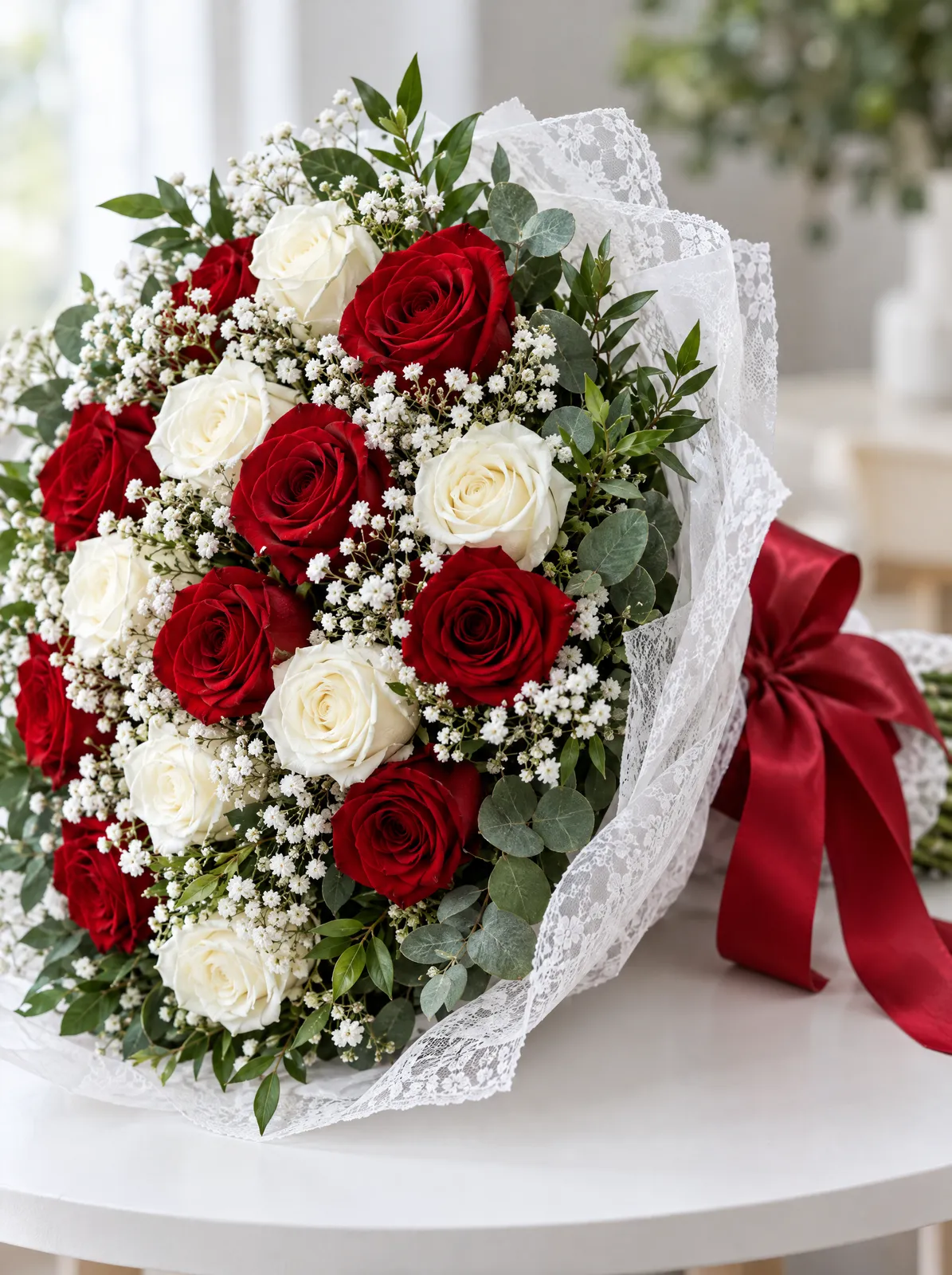 Buquê de rosas vermelhas e brancas com renda